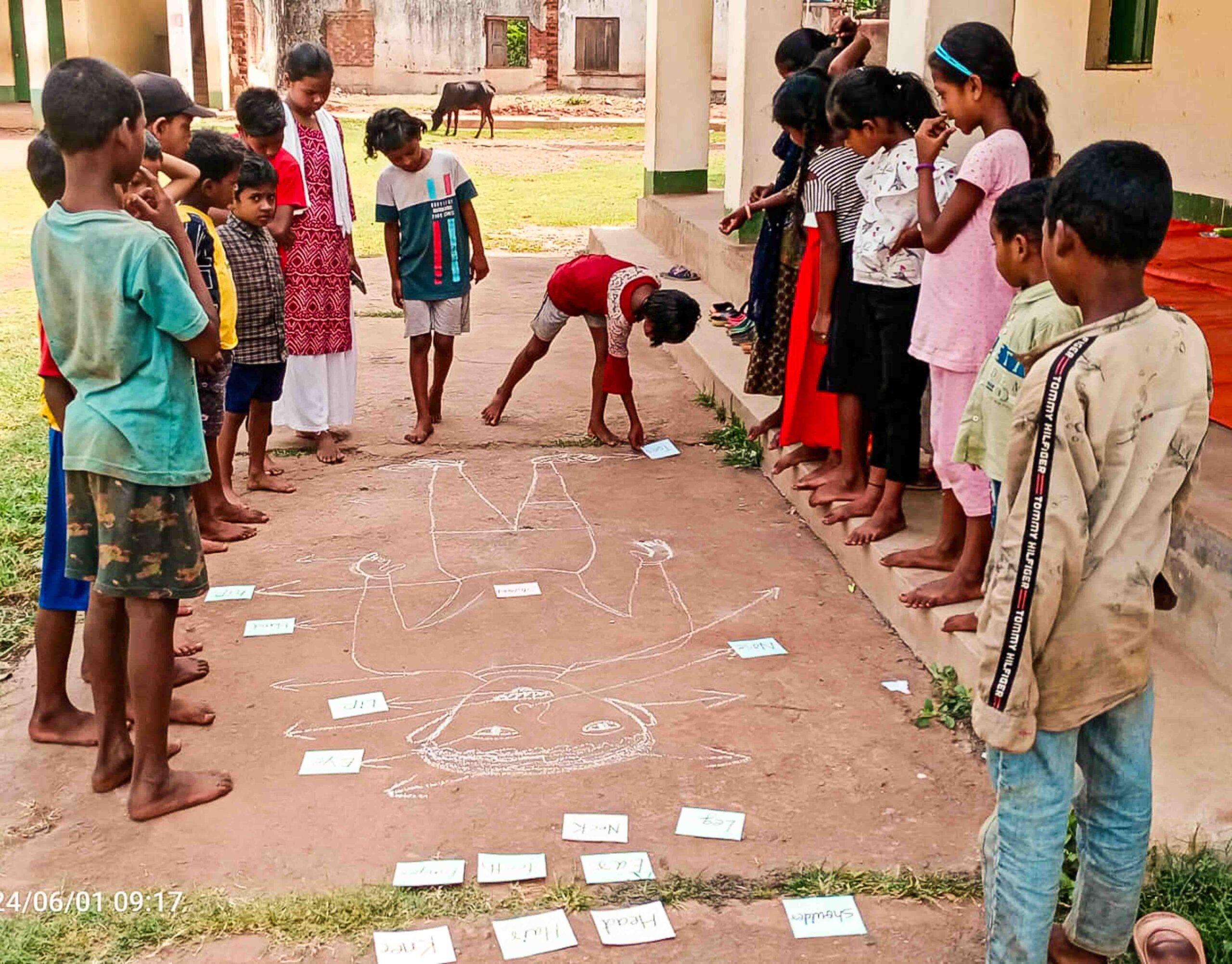 Children are naming the parts of the human body.